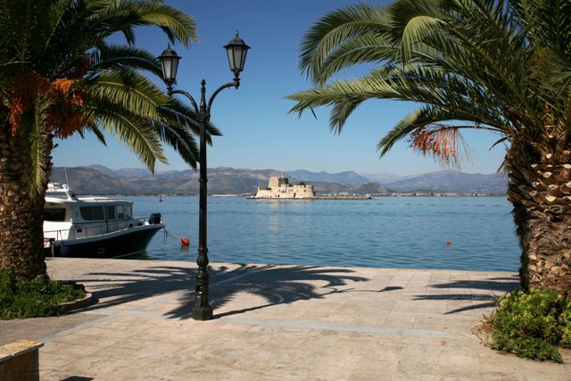Nafplio - Miaouli promenade view of the Bourtzi fortress